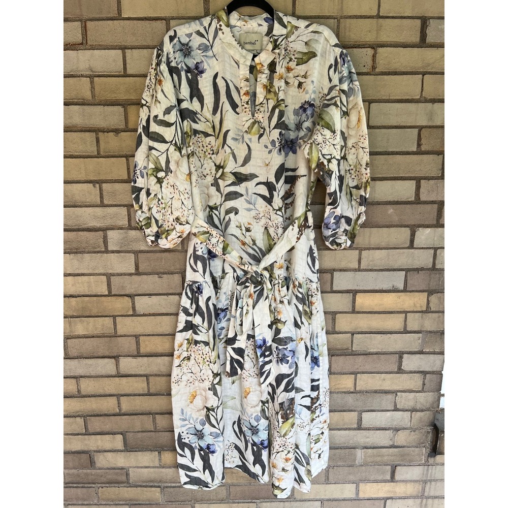 Bambah Floral Linen Balloon Sleeve Tiered Midi Dress Medium Ivory Blue Green